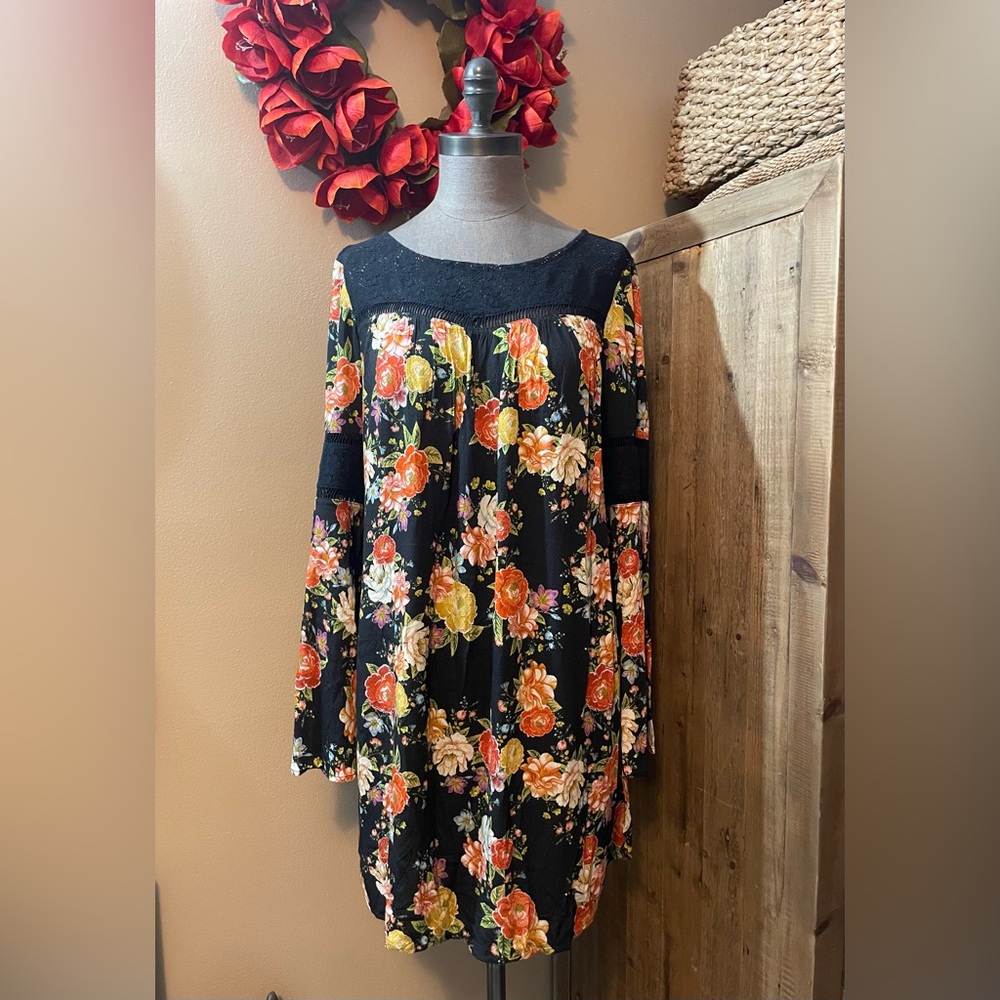 FARM Rio Black Floral Swing Dress with Orange and Yellow Roses